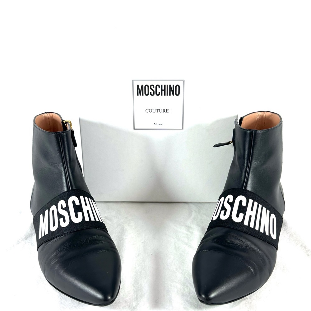 MOSCHINO Black Leather Signature Logo Ankle Women Boots Made in Italy 39 - 9US